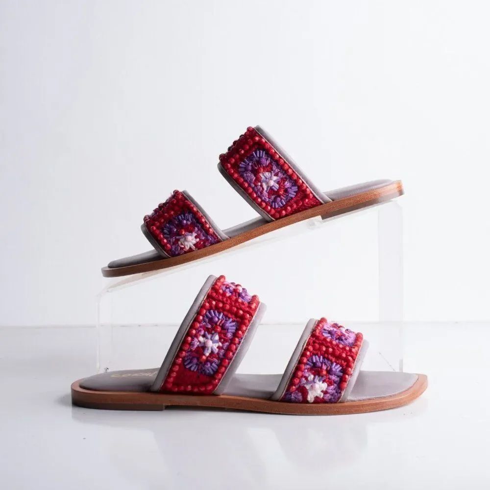 Anthropologie Coral Blue Red Granny Square Flats Beaded Sandals EU 37 US 6 NWB